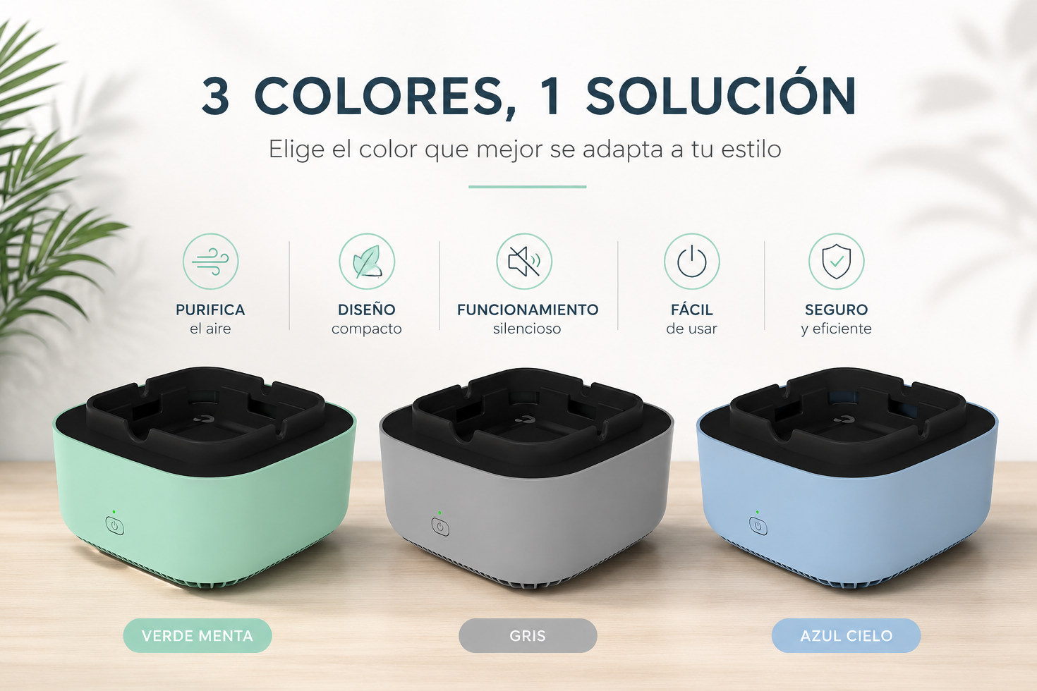 Cenicero inteligente CleanSmoKe con purificador de aire por iones negativos, disponible en azul, verde y gris